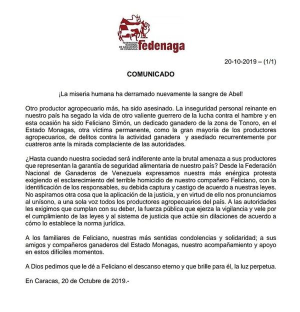 Comunicado de Fedenaga respecto a la muerte de un productor en Monagas.